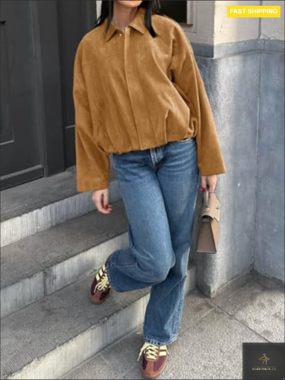Oversized Cropped Faux Suede Bomber Jacket Zip Up Lapel Casual Coat - Picture 3 of 7